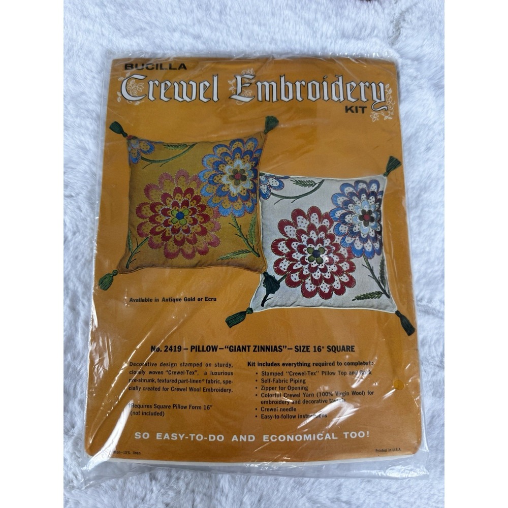 Vtg‎ Bucilla Crewel Embroidery Kit #2419 Giant Zinnias 16" Pillow Gold New NOS